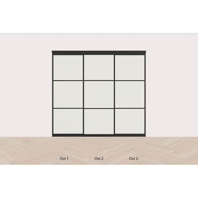 Tilanjakaja/liukuovi Mirror Line opaalilasi, kolmella ovella, musta, matala malli, mittatilaus