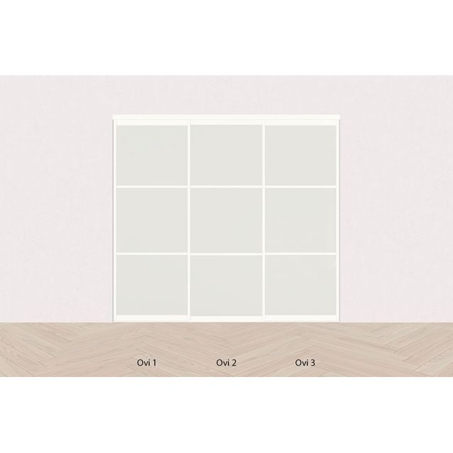 Tilanjakaja/liukuovi Mirror Line opaalilasi, kolmella ovella, valkoinen, matala malli, mittatilaus