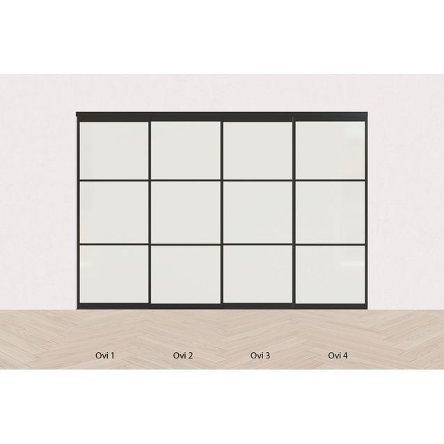 Tilanjakaja/liukuovi Mirror Line opaalilasi, neljällä ovella, musta, matala malli, mittatilaus