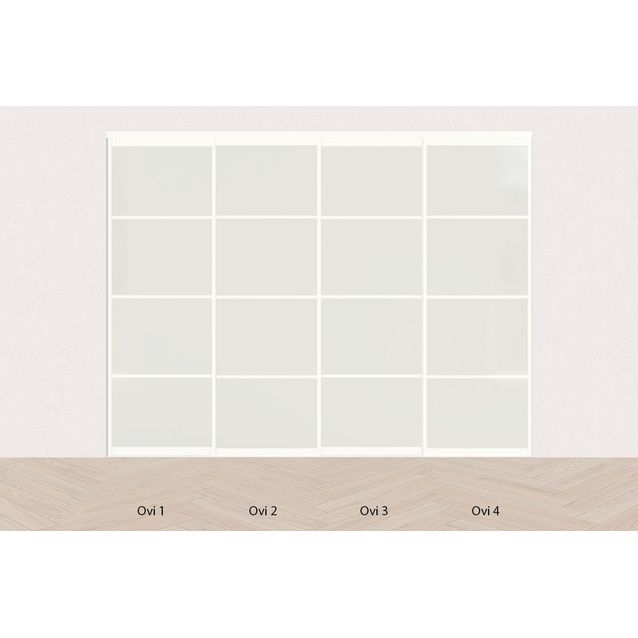 Tilanjakaja/liukuovi Mirror Line opaalilasi, neljällä ovella, valkoinen, korkea malli, mittatilaus