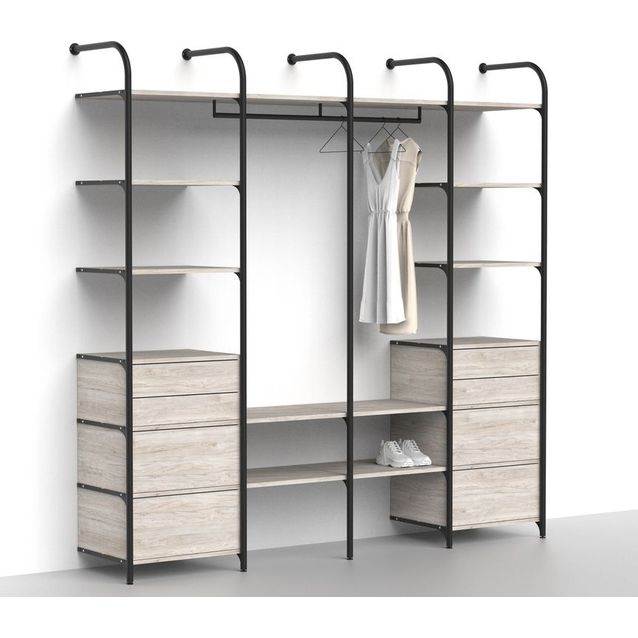 Makuuhuoneen säilytysjärjestelmä Mirror Line Nivo, laatikoilla, tangolla ja hyllyillä, 2080-2480x2400x520mm, vaalea hikkori