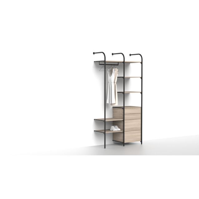 Makuuhuoneen säilytysjärjestelmä Mirror Line Nivo, laatikoilla, tangolla ja hyllyillä, 2080-2480x1200x520mm, vaalea tammi