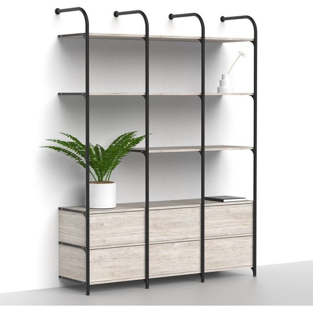 Olohuoneen säilytysjärjestelmä Mirror Line Nivo, laatikoilla ja hyllyillä, 2080-2480x1800x420mm, vaalea hikkori