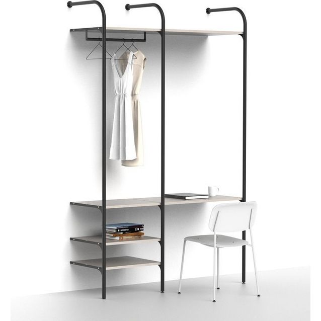 Olohuoneen säilytysjärjestelmä Mirror Line Nivo, työpisteellä, hyllyillä ja tangolla, 2080-2480x1500x520mm, kashmir