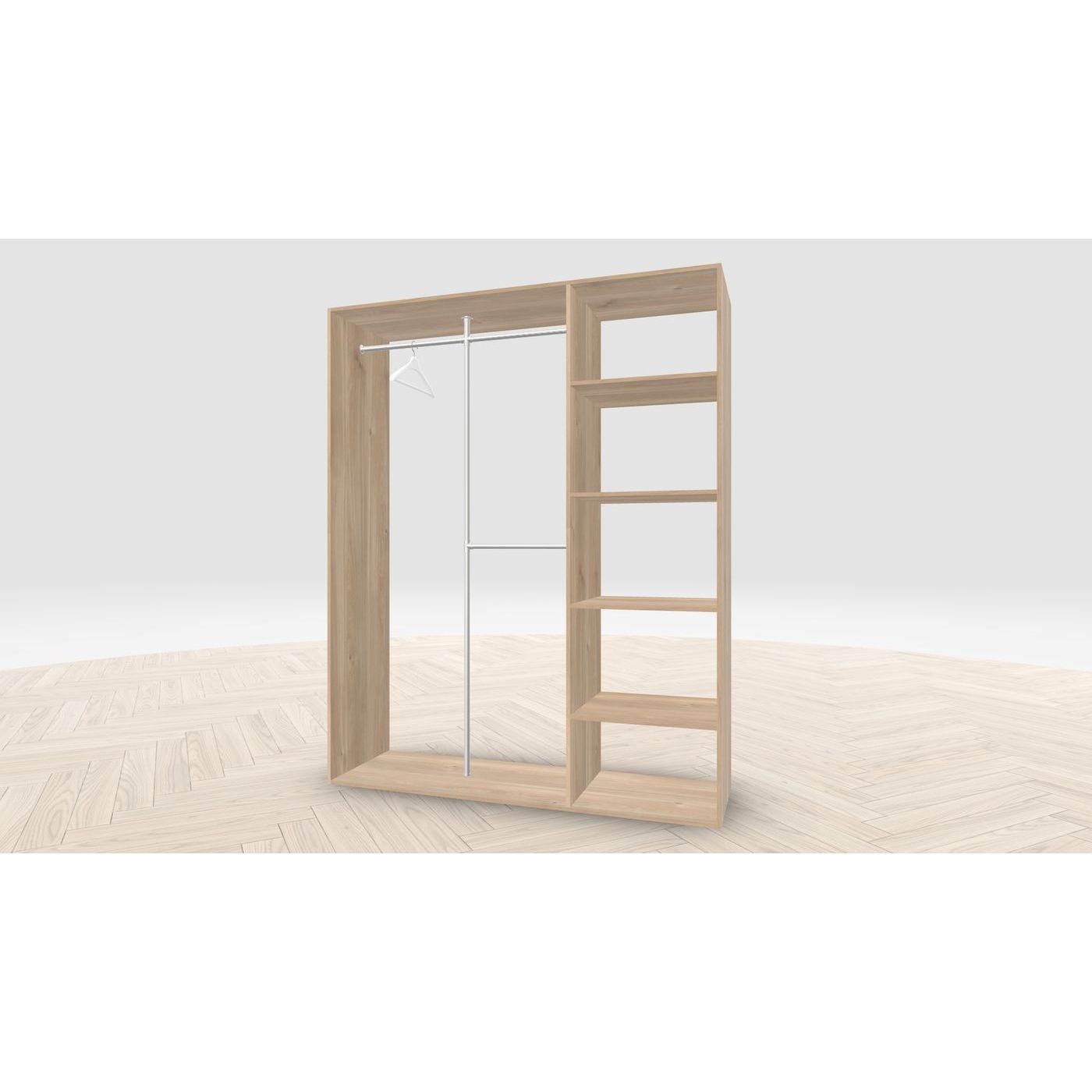 Vaatehuoneen kaapisto Mirror Line, kapea I-malli hyllyillä ja kaksiosaisella tangolla, 1700x2100x510mm, hunajatammi