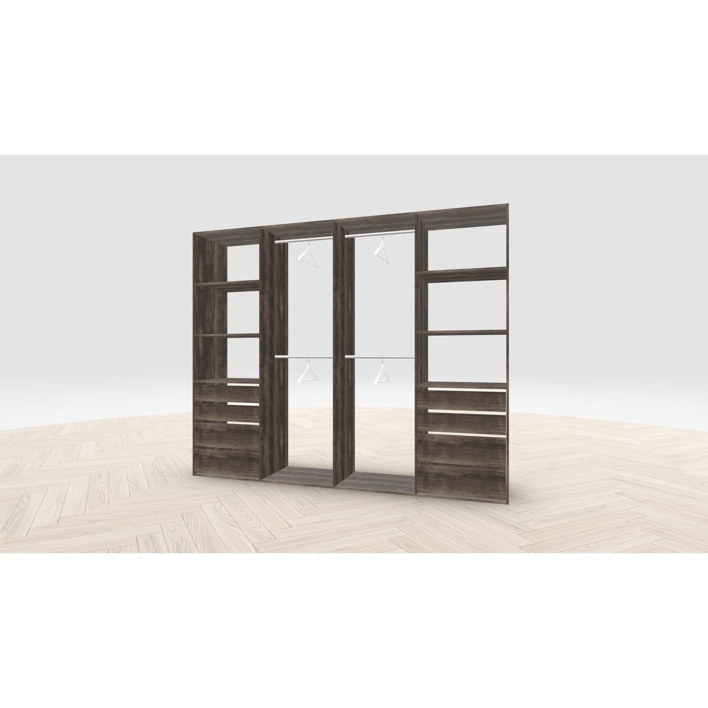 Vaatehuoneen kaapisto Mirror Line, leveä I-malli laatikoilla ja vaatetangoilla, 2600x2100x510mm, barokkitammi