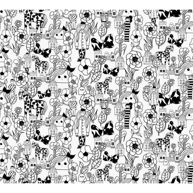 Lastenhuoneen tapetti Marimekko Marikylä, mustavalkoinen, 0.7x10.05m