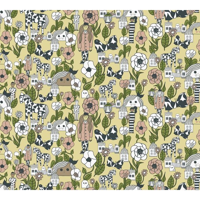 Lastenhuoneen tapetti Marimekko Marikylä, keltainen, 0.7x10.05m