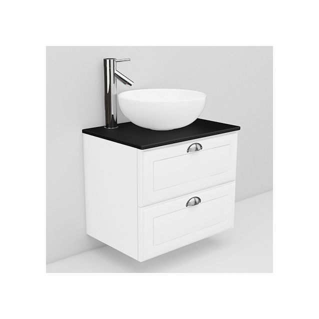 Allaskaappi mustalla laminaattitasolla ja Coast malja-allas Noro Flexline 16.3 600 valkoinen hiottu raami