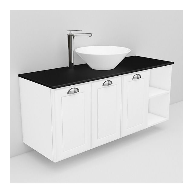 Allaskaappi mustalla laminaattitasolla ja malja-allas Loop Noro Flexline 134.3 1200 valkoinen hiottu raami