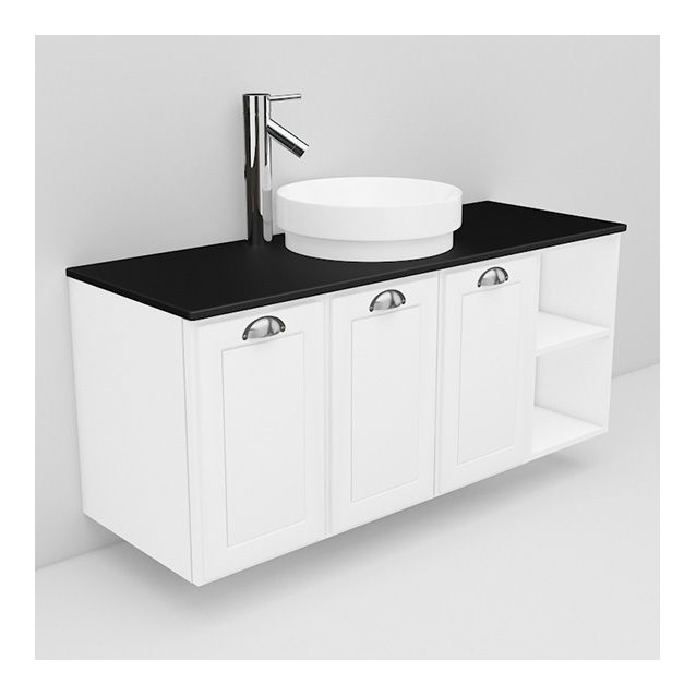 Allaskaappi mustalla laminaattitasolla ja malja-allas Peak Noro Flexline 135.3 1200 valkoinen hiottu raami