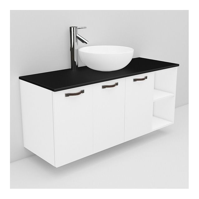 Allaskaappi mustalla laminaattitasolla ja malja-allas Coast Noro Flexline 136.1 1200 valkoinen