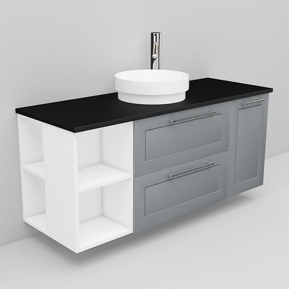 Allaskaappi mustalla laminaattitasolla ja malja-allas Peak Noro Flexline 175.4 1200 harmaa raami