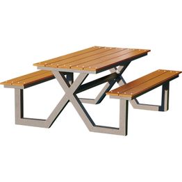 Picnic-pöytä/penkkisetti Hortus, X-runko antrasiittia alumiinia ja pinnat tiikinväristä komposiittia