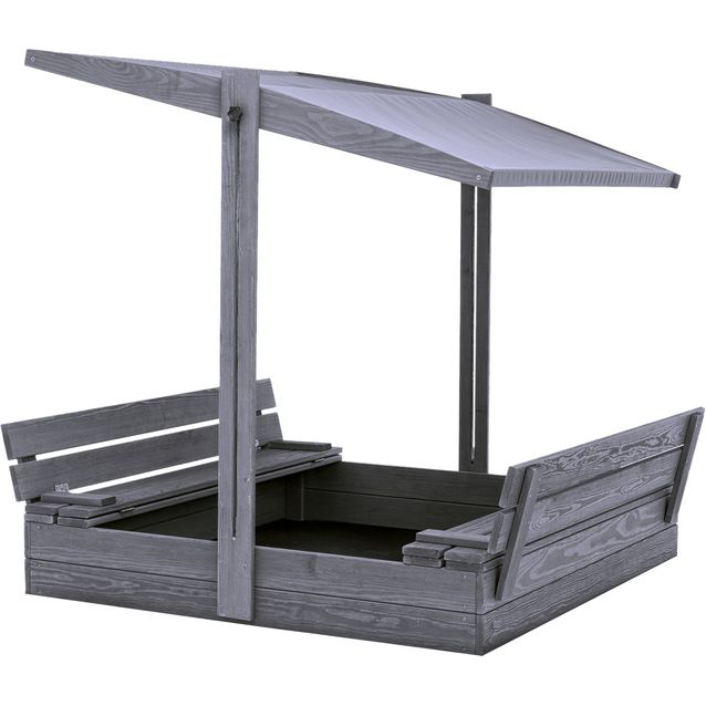 Hiekkalaatikko 120 x 120 cm, penkeiksi taittuva kansi, säädettävä katto, pohjamaalattu harmaa NORDIC PLAY