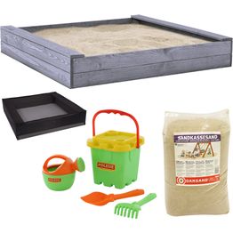 Hiekkalaatikko sisältää hiekan verkon ja hiekkalelusetin Nordic Play, 1200x1200 mm harmaa puu