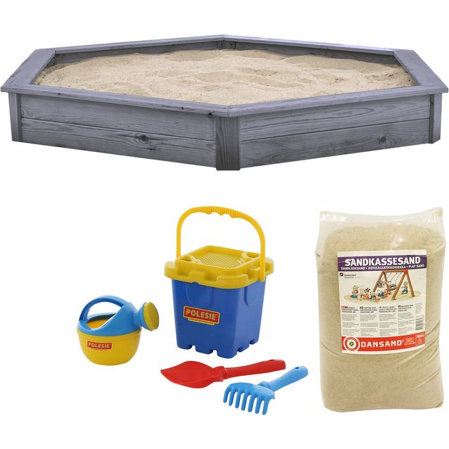Hiekkalaatikko kulmainen sisältää hiekan verkon ja hiekkalelusetin Nordic Play, 1820x200x1560 mm harmaa puu