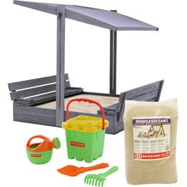 Hiekkalaatikko katolla sisältää hiekan ja hiekkalelusetin Nordic Play, 1200x1200 mm harmaa puu