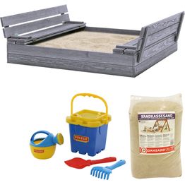 Hiekkalaatikko penkeiksi kääntyvällä kannella sisältää hiekan ja hiekkalelusetin Nordic Play, 1200x1200 mm harmaa puu