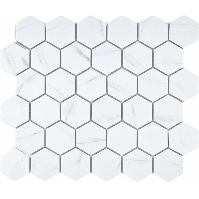 Marmorimosaiikki Pukkila Carrara Hexagon, 5x6cm, 6-kulmainen, matta, lasitettu