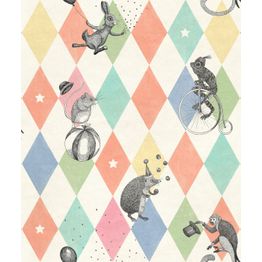 Lastenhuoneen tapetti Rebel Walls Circus Corner, Rainbow, apina, monivärinen