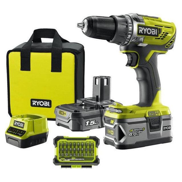 Akkuporakone Ryobi R18DD3-2415BSA31, 18V, 1.5/4.0Ah akuilla + tarvikkeet