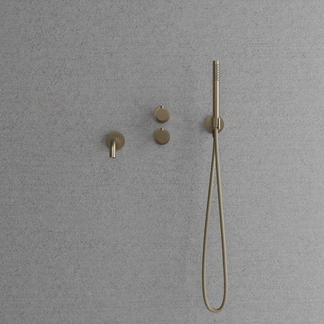 Suihkusetti Scandtap Steel Harmonized 4, termostaattihanalla ja juoksuputkella, Champagne
