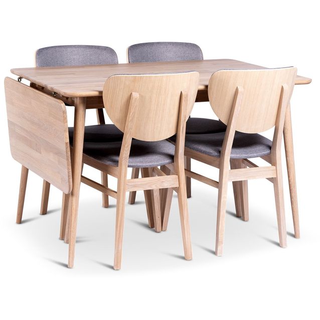 Ruokailuryhmä Stenexpo 120/160x80cm Odense-klaffipöytä + 4 Fårö-tuolia valkoöljytty tammi