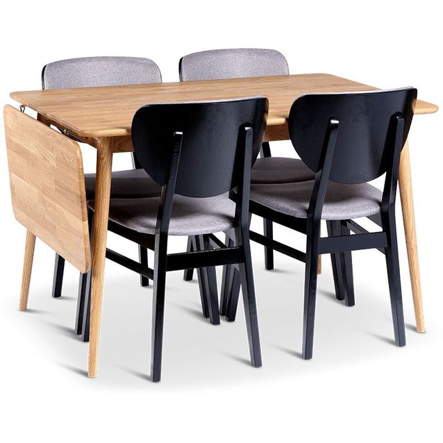 Ruokailuryhmä Stenexpo 120/160x80cm Alborg-klaffipöytä + 4 Borgholm-tuolia tammi/musta