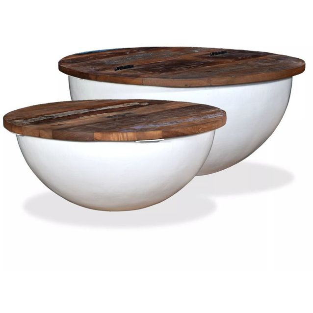 Sohvapöytäsarja 2 kpl täysi uusiokäytetty puu valkoinen_1