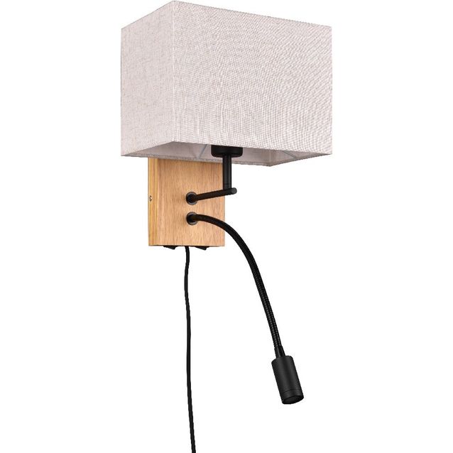 Seinävalaisin Trio Nilam lukuvalolla, 25cm, LED + E27, luonnonpuu