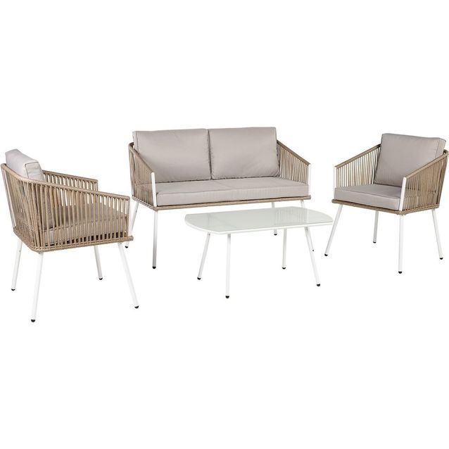 Sohvaryhmä Chic Garden Biella 2 tuolia + sohva + pöytä valkoinen/beige/harmaa