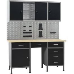 Työpöytä neljällä seinäpaneelilla ja kahdella kaapilla