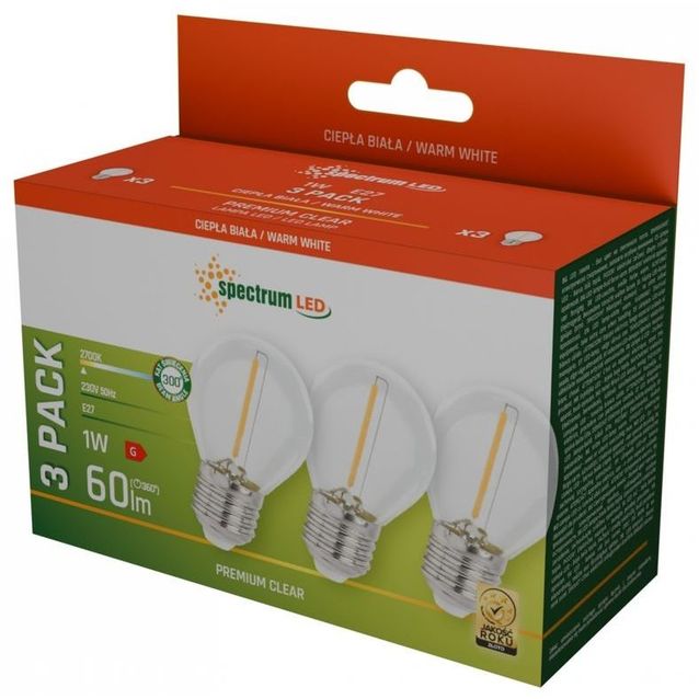 LED-pallolamppu Spectrum E27 1W 230V 2700K kirkas 3kpl/pkt