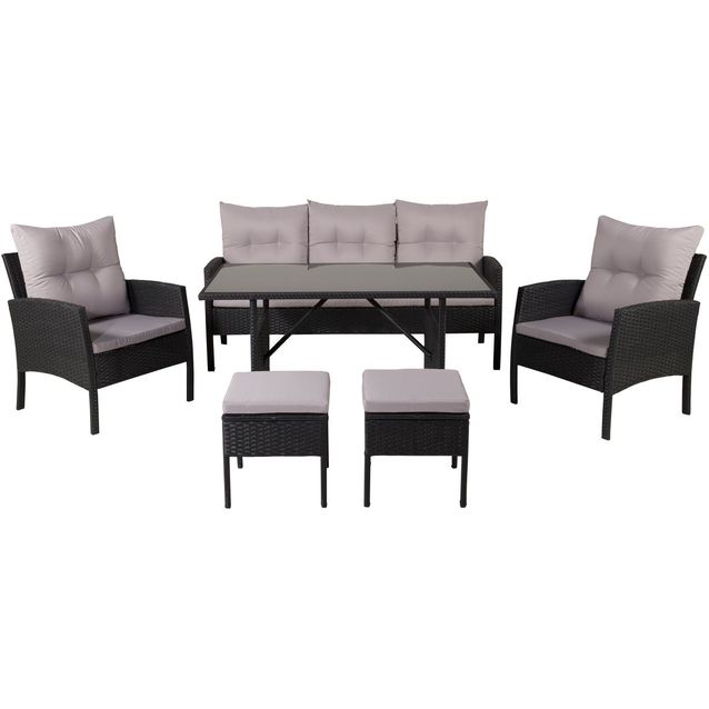 Sohvaryhmä Venture Home Knock, 3-istuttava sohva + 2 lepotuolia + 2 rahia + ruokapöytä, harmaa/musta