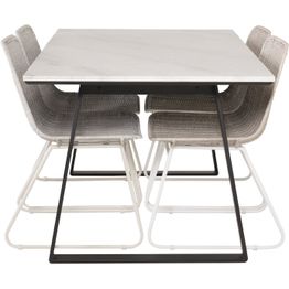 Ruokailuryhmä Venture Home, 140x90cm musta Estelle-pöytä + 4 valkoista Cirebon-tuolia