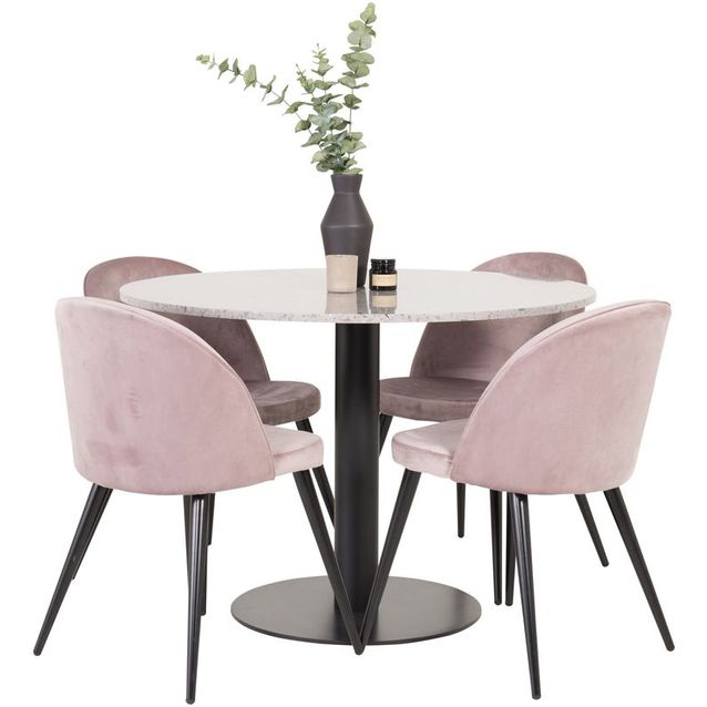 Ruokailuryhmä Venture Home, ø106cm Razzia-pöytä + 4 vaaleanpunaista Velvet-tuolia, sametti