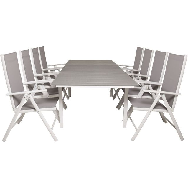 Ruokailuryhmä Venture Home, 160/240x100cm jatkettava harmaa/valkoinen Levels-pöytä + 8 harmaa/valkoista Break-säätötuolia