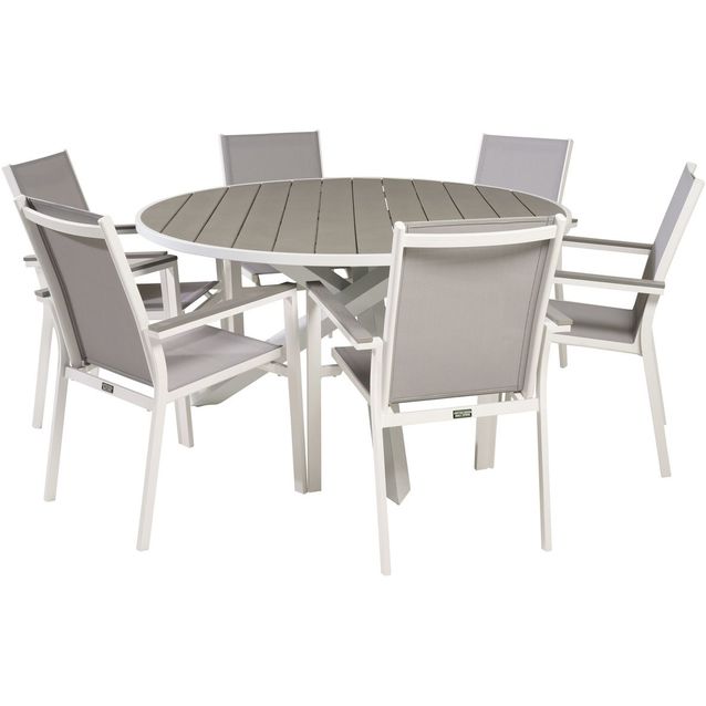 Ruokailuryhmä Venture Home, ø140cm, harmaa/valkoinen Parma-pöytä + 6 harmaa/valkoista, pinottavaa Parma-tuolia