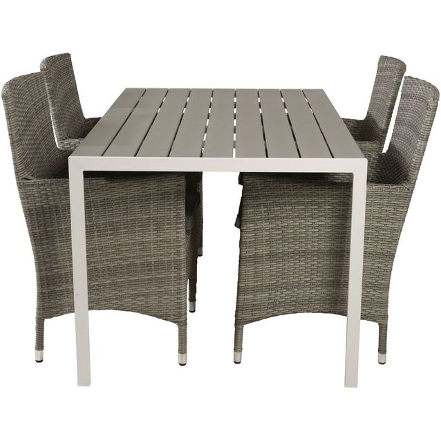 Ruokailuryhmä Venture Home, 150x90cm harmaa/valkoinen Break-pöytä + 4 beige-harmaata Malin-tuolia