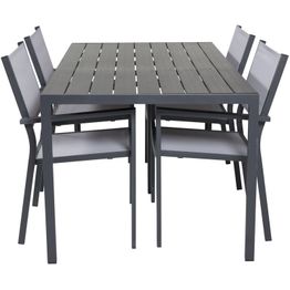 Ruokailuryhmä Venture Home, 150x90cm musta Break-pöytä + 4 harmaa/mustaa, pinottavaa Copacabana-tuolia