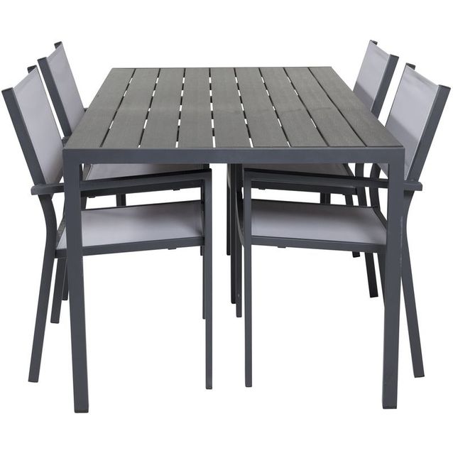 Ruokailuryhmä Venture Home, 150x90cm musta Break-pöytä + 4 harmaa/mustaa, pinottavaa Copacabana-tuolia