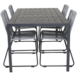 Ruokailuryhmä Venture Home, 150x90cm musta Break-pöytä + 4 harmaata, pinottavaa Lindos-tuolia