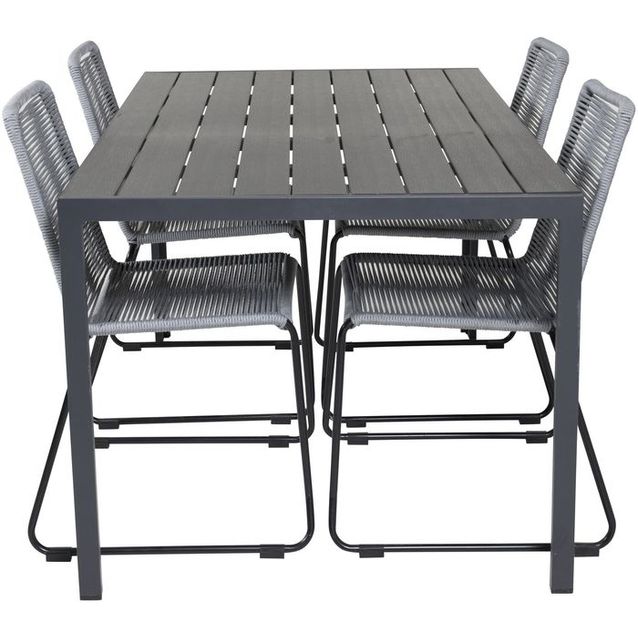 Ruokailuryhmä Venture Home, 150x90cm musta Break-pöytä + 4 harmaata, pinottavaa Lindos-tuolia