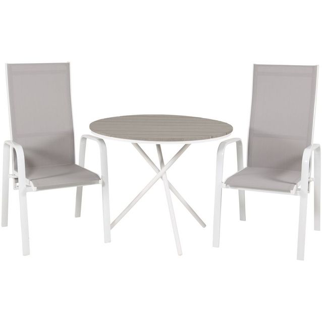 Parvekeryhmä Venture Home, ø90cm harmaa-valkoinen Parma-pöytä + 2 harmaa-valkoista, pinottavaa Copacabana-tuolia