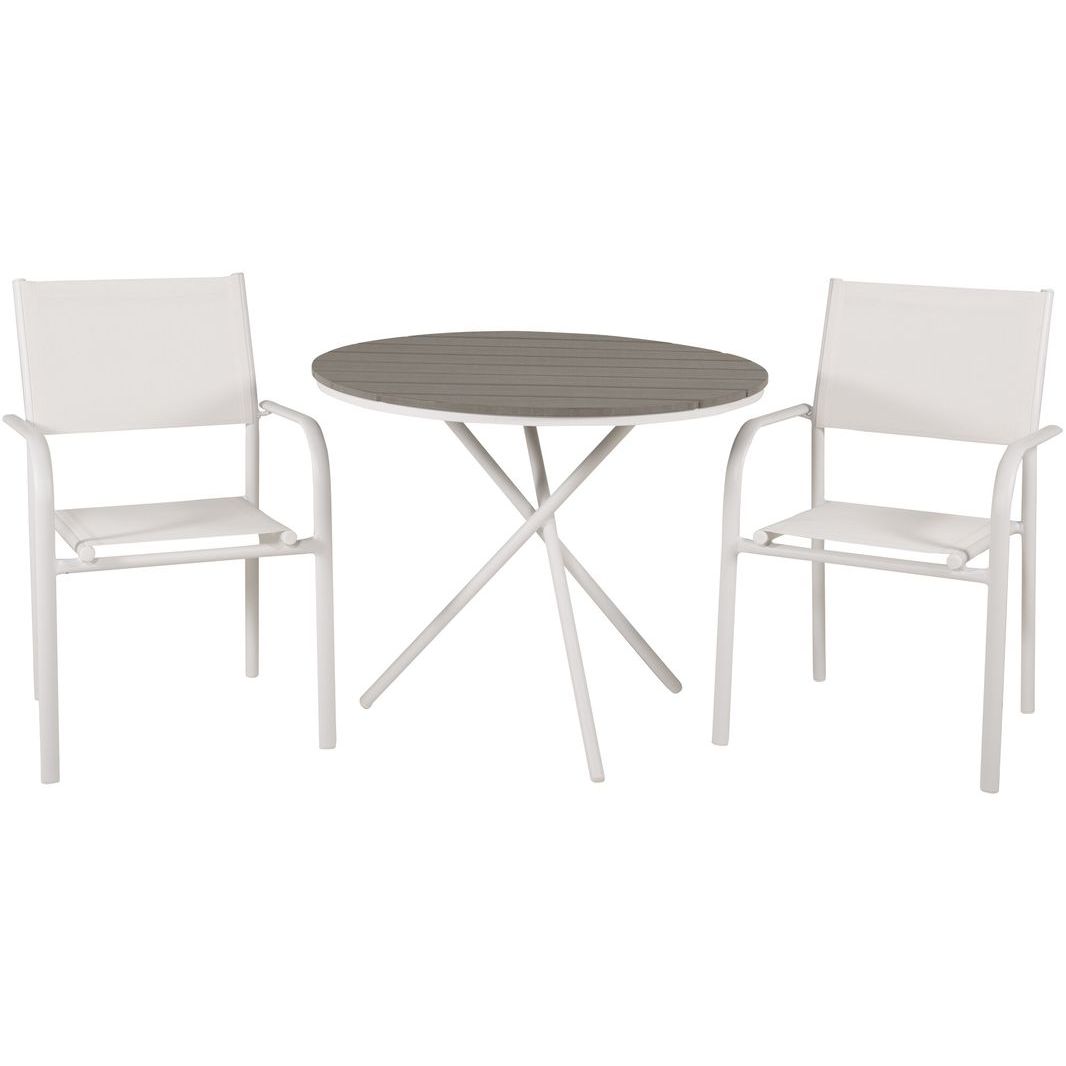 Parvekeryhmä Venture Home, ø90cm harmaa-valkoinen Parma-pöytä + 2 valkoista, pinottavaa Santorini-tuolia