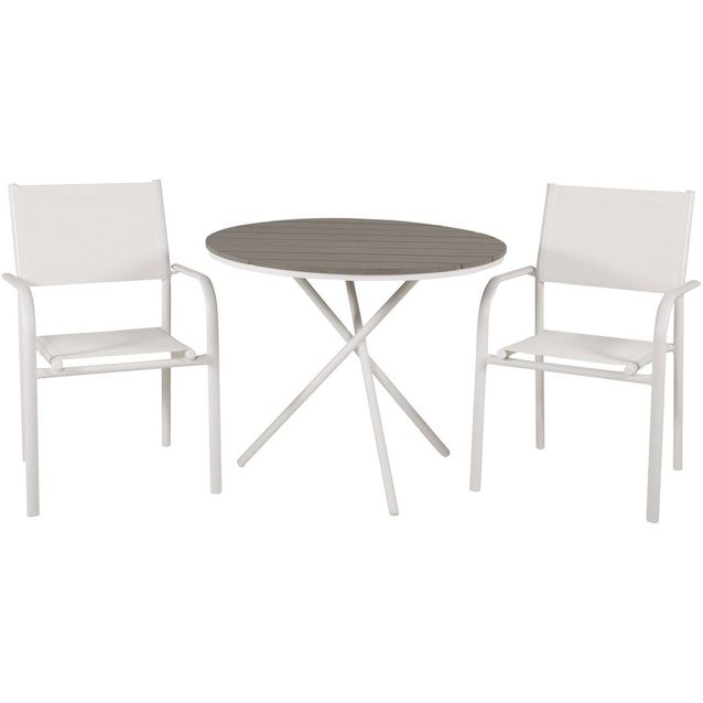 Parvekeryhmä Venture Home, ø90cm harmaa-valkoinen Parma-pöytä + 2 valkoista, pinottavaa Santorini-tuolia