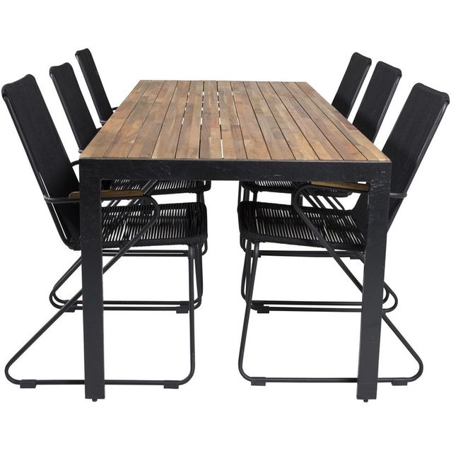 Ruokailuryhmä Venture Home, 205x90cm akaasia/musta Bois-pöytä + 6 Bois-tuolia