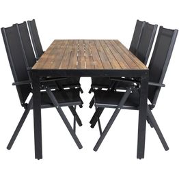 Ruokailuryhmä Venture Home, 205x90cm akaasia/musta Bois-pöytä + 6 mustaa Break-säätötuolia