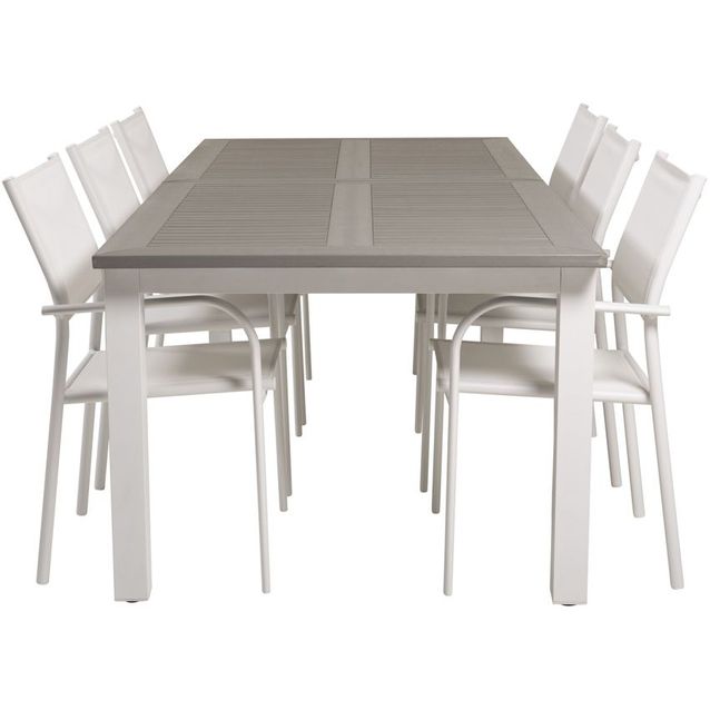 Ruokailuryhmä Venture Home, 224/324x100cm jatkettava harmaa/valkoinen Albany-pöytä + 6 valkoista, pinottavaa Santorini-tuolia